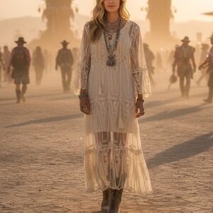 ZL Lace Maxi Dress Boho Festival Ivory Sheer Bell Sleeve Tassel M